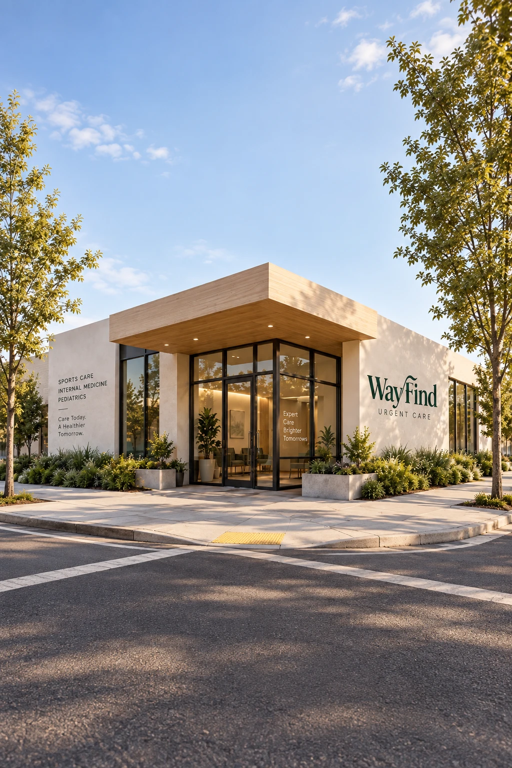 Concept rendering of a WayFind Urgent Care corner clinic: cream exterior with a wood-clad entry canopy, glass storefront, planters and WayFind signage. Not a real or existing location.