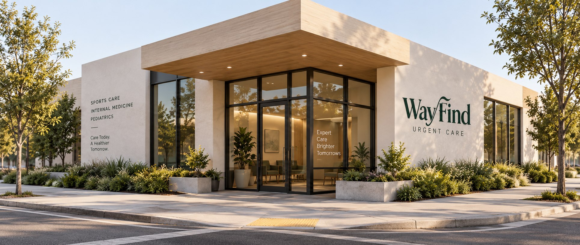 Concept rendering of a WayFind Urgent Care clinic exterior, showing branding and signage direction. Not a real or existing location.